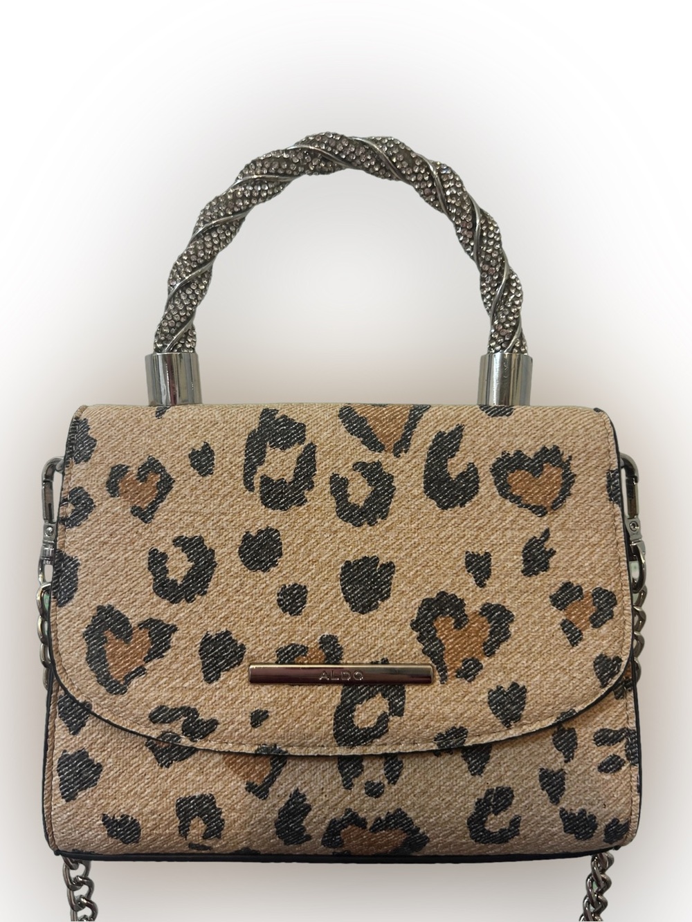 ALDO Leopard Heart Print Mini Top Handle Bag - Rhinestone Twisted Handle + Chain
